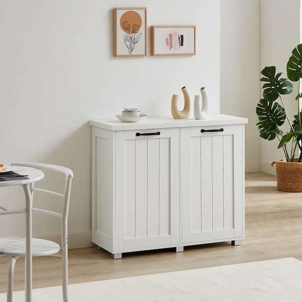 Unbranded 37.4 in. W x 15 in. D x 31.9 in. H Ready to Assemble 2-Compartment Tilt-Out Trash Cabinet in White with Cutting Board