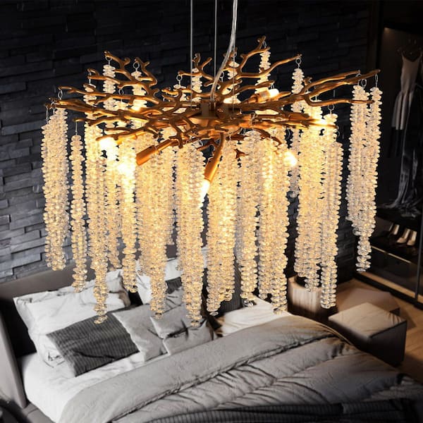23.6 in. 8-Light Modern Golden Pendant Light with Cascading Crystal Strands, Ideal, No Bulb