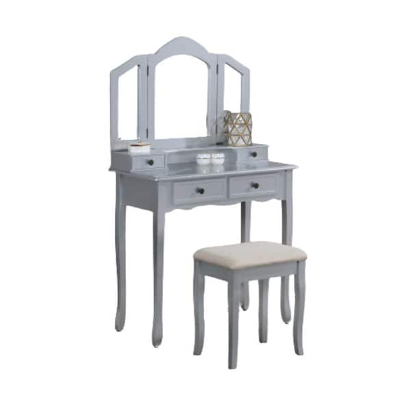 18.50 in W x 33.75 in D x 17.16 in H, Bath Vanity Cabinet without Top in Silver with Mirror, Table and Stool Set