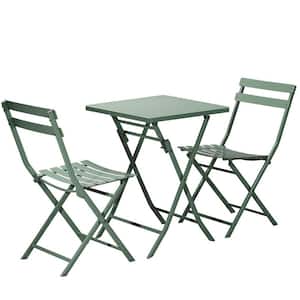 3-Piece Metal Outdoor Bistro Set with 2 Foldable Chairs and 1 Foldable Square Table in Dark Green