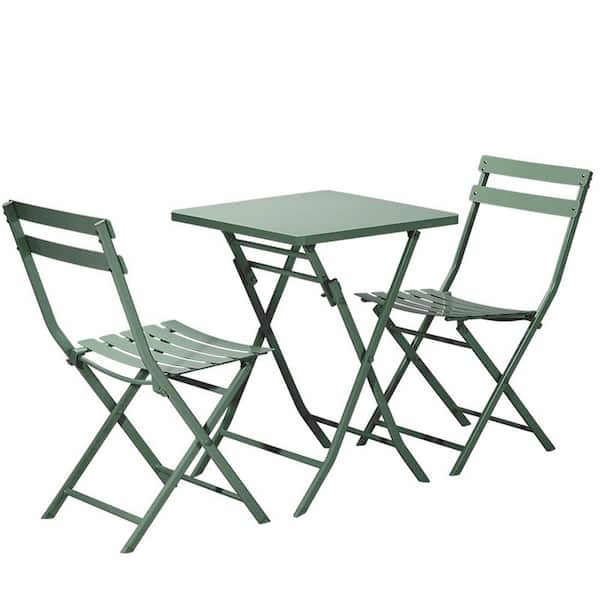 Zeus & Ruta 3-Piece Metal Outdoor Bistro Set with 2 Foldable Chairs and 1 Foldable Square Table in Dark Green