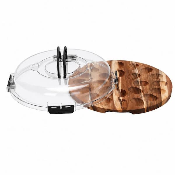 Acacia Wood Deviled Egg Tray with Clear Locking Lid, 24-Slot Carrier for Parties