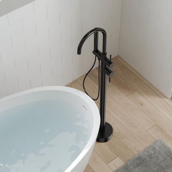2-Handle Floor Mount Freestanding Tub Faucet with Hand Shower in Matte Black