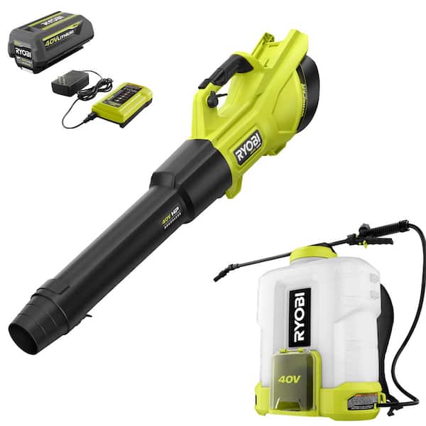 RYOBI 40V HP Whisper Series 155 MPH 600 CFM Cordless Leaf Blower and 4 Gal. Backpack Sprayer with 4.0 Ah Battery and Charger