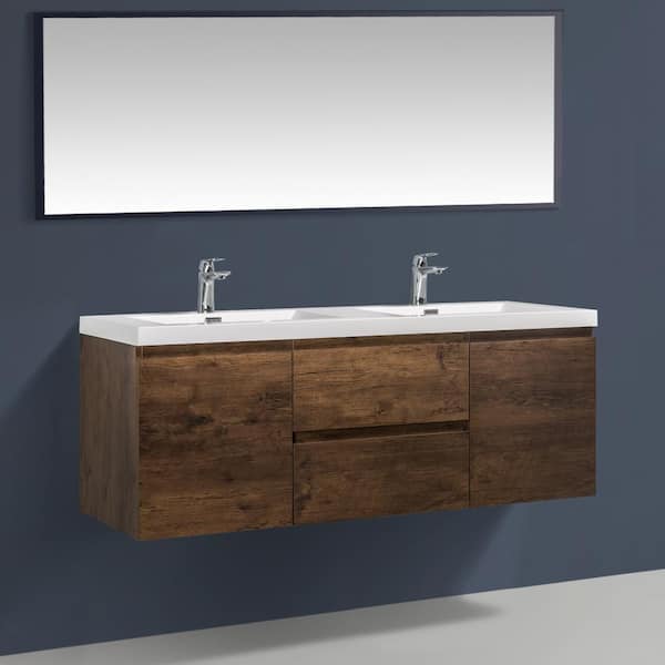 59.06 in.W x 19.69 in.D Wall-Mounted Bath Vanity in Rose Wood with white glossy Resin Top