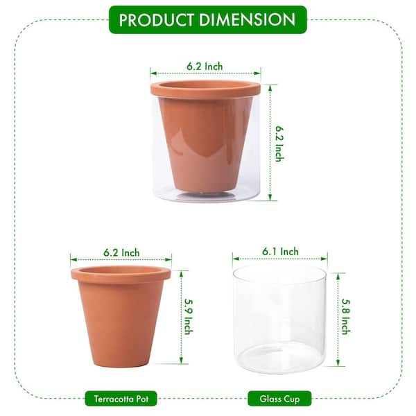 OGETFUUR 2-Pack 6 in. Design Self Watering Pot for Indoor Plants, Terracotta Planter with Cylinder Glass Cup, Terracotta