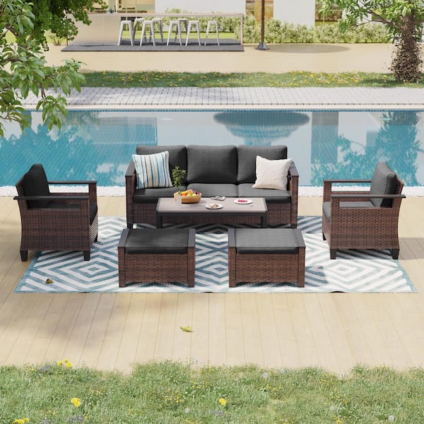 6 Pieces All-Weather PE Brown Wicker Patio Conversation Set with Coffee Table with Black Cushion