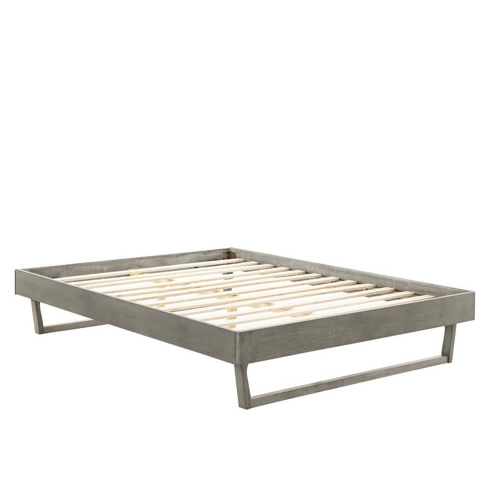 Mid-Century Modern Gray Full Platform Bed with Wood Frame and Headboard