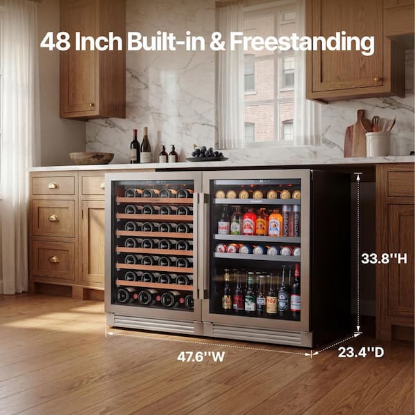 48 in. Dual Zone 54-Wine Bottles & 220-Cans Beverage & Wine Cooler Side-by-Side Built-In Refrigerator in Stainless Steel