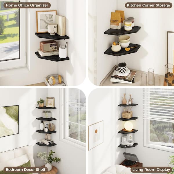16.5 in. W x 10.5 in. D Black Wood Corner Shelves Set of 4