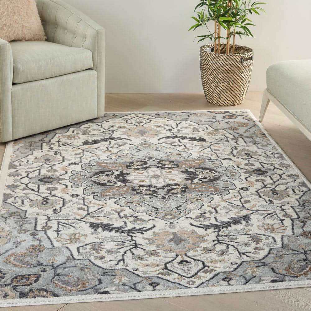 Ivory Grey Floral Medallion 5'3" x 7'3" Synthetic Area Rug