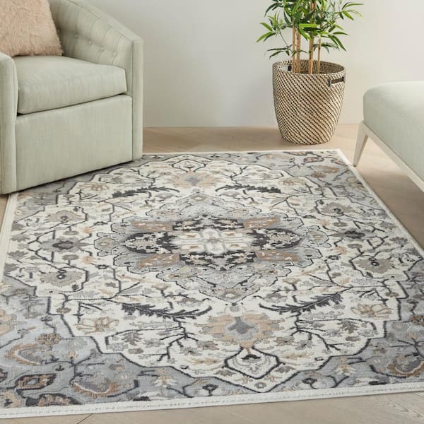 Elation Ivory Grey 5 ft. x 7 ft. Center Medallion Traditional Area Rug