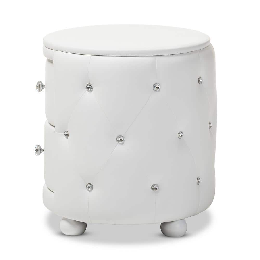 Davina Oval White Faux Leather Glamour Nightstand with Crystal Accents