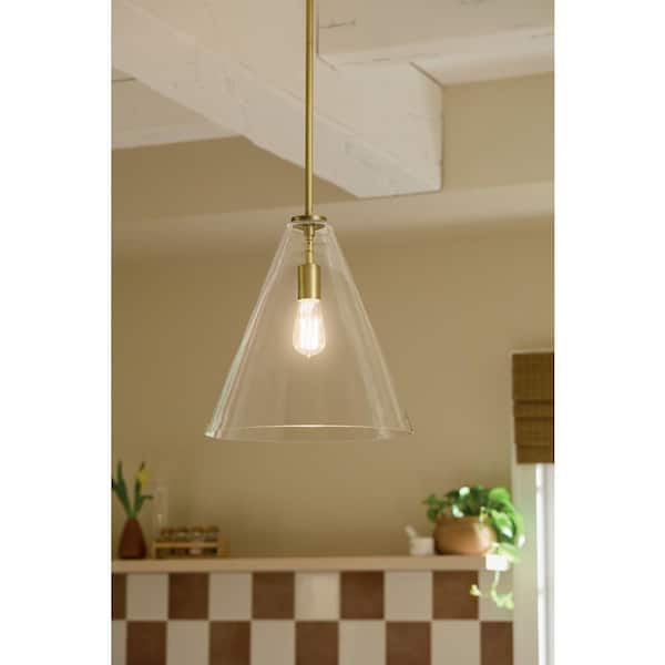 KICHLER Everly 14.25 in. 1-Light Natural Brass Modern Shaded Cone Kitchen Hanging Pendant Light with Clear Glass