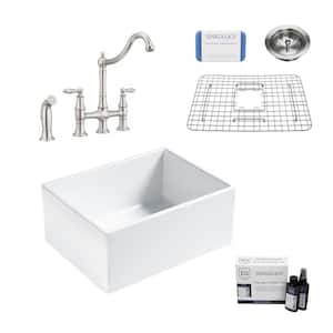 Wilcox II All-in-One Fireclay 24 in. Single Bowl Farmhouse Apron Kitchen Sink with Pfister Bridge Faucet in Stainless