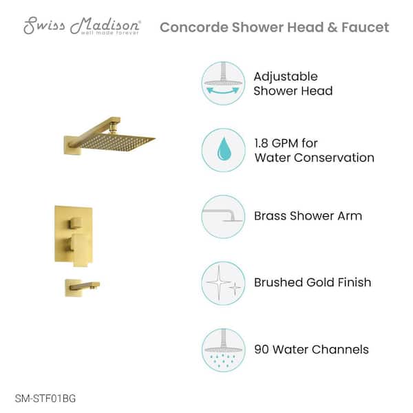 Concorde 1-Spray Pattern with 1.8 GPM 8 in. Wall Mount Fixed Shower Head with Adjustable Spout in Brushed Gold