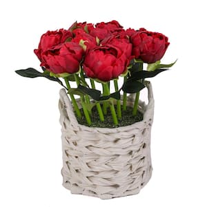 10 in. Artificial Floral Arrangements Peony in White Basket Color: Red