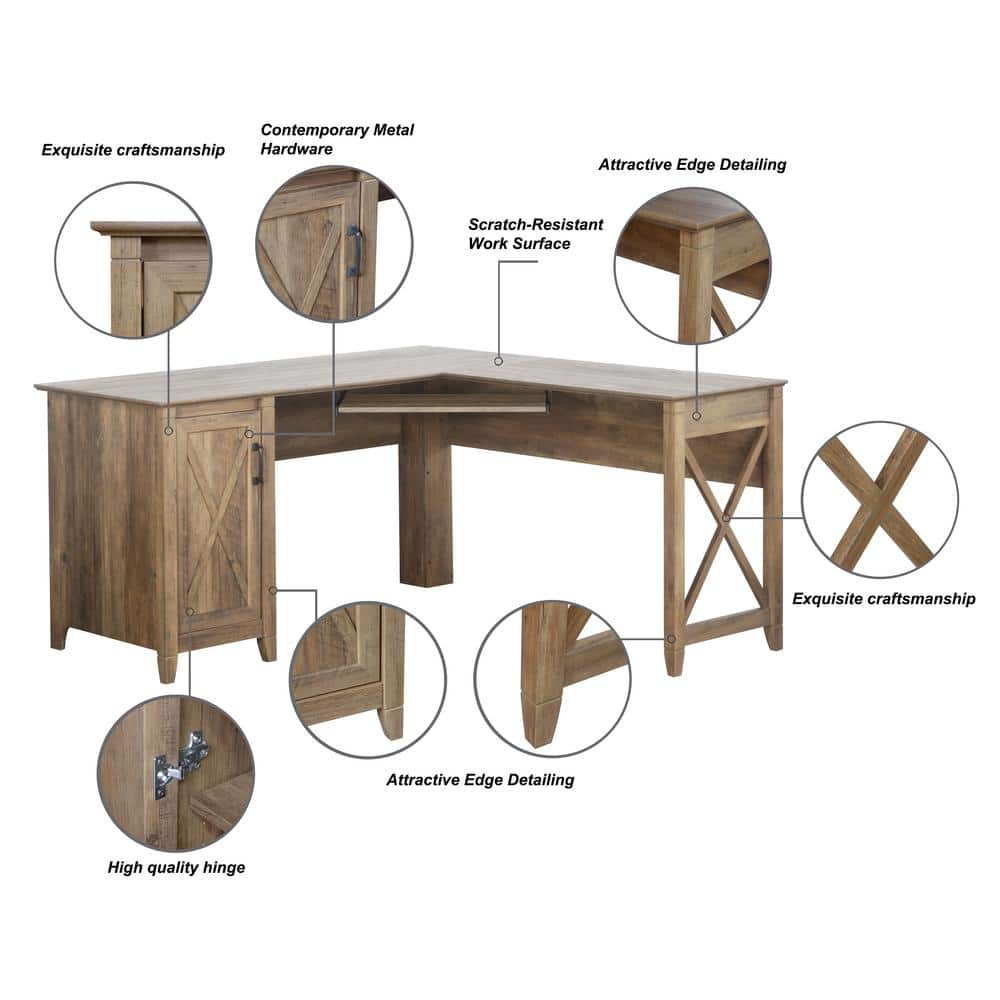 Rustic Oak L-Shaped Corner Desk with Drawer and Keyboard Tray