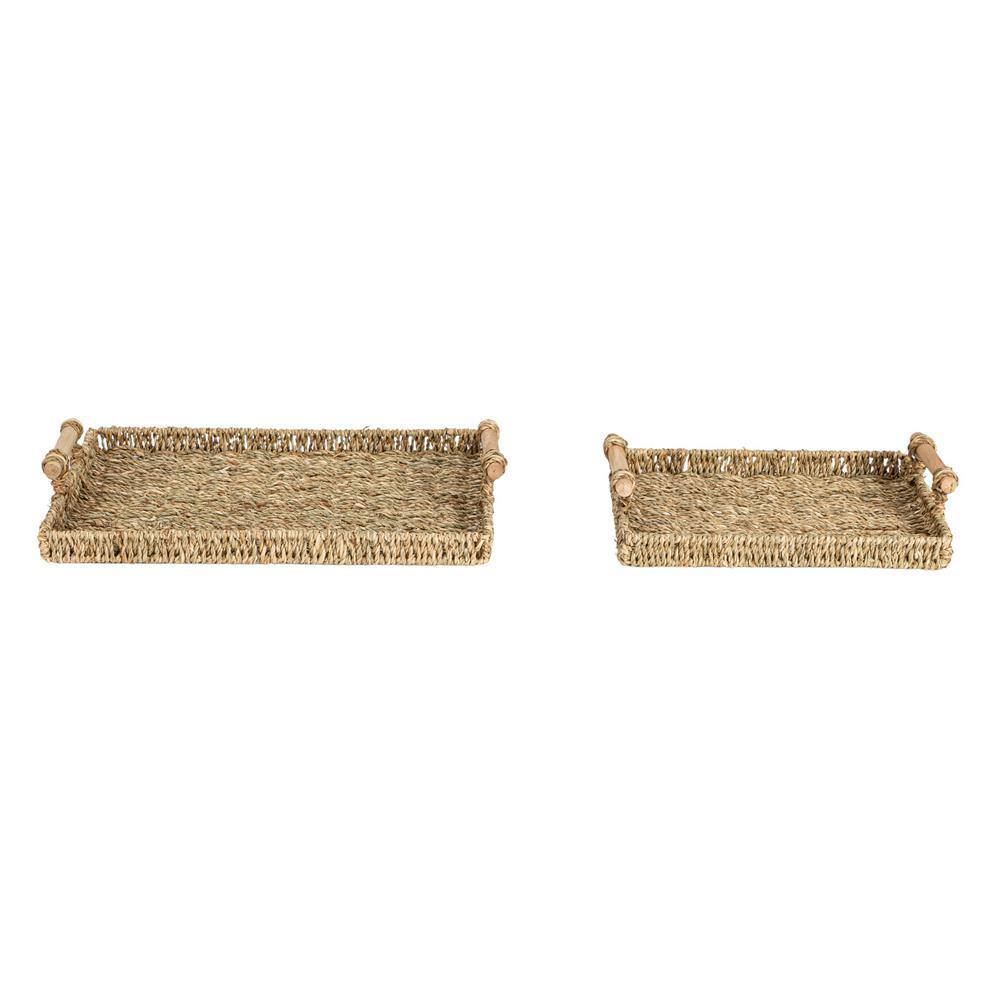 Natural Seagrass and Wood Rectangular Serving Tray Set with Handles