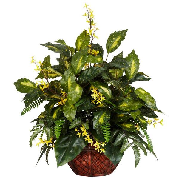 Nearly Natural 27 in. Artificial H Green Forsythia and Mixed Greens Silk Plant