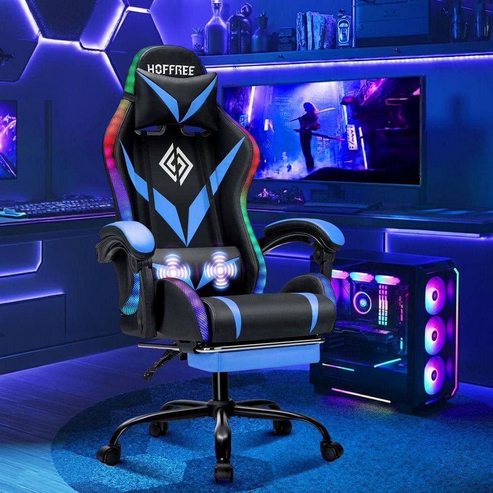 Faux Leather Gaming Chair with LED and Massage Ergonomic Computer Chair in BlackandBlue with Adjustable Arms