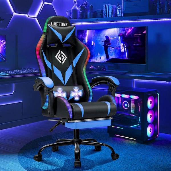 Faux Leather Gaming Chair with LED and Massage Ergonomic Computer Chair in BlackandBlue with Adjustable Arms