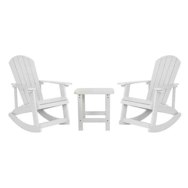 Carnegy Avenue Savannah White 3-Piece Wood Outdoor Rocking Chair All-Weather Poly Resin Wood Adirondack with Side Table