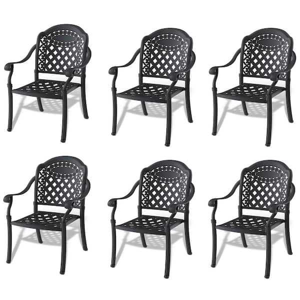 Zeus & Ruta 6-Piece Cast Aluminum Black Frame Patio Dining Chair Garden and Outdoor Side Chair with Random Color Cushions