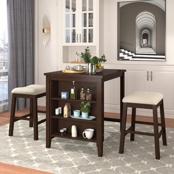 Qualler 3-Piece Wood Top Brown Bar Table Set with Shelves and Padded Stools