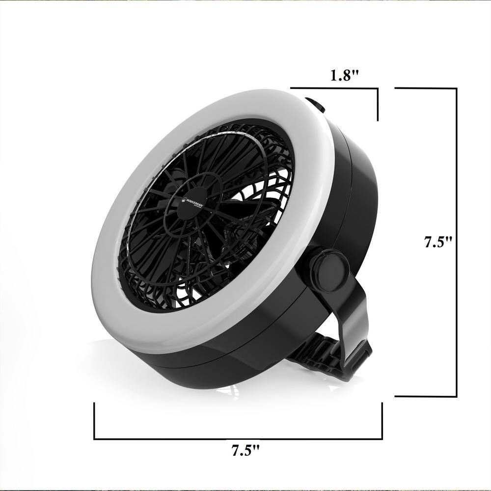 Black Portable Camping Lantern with LED Lights and Fan