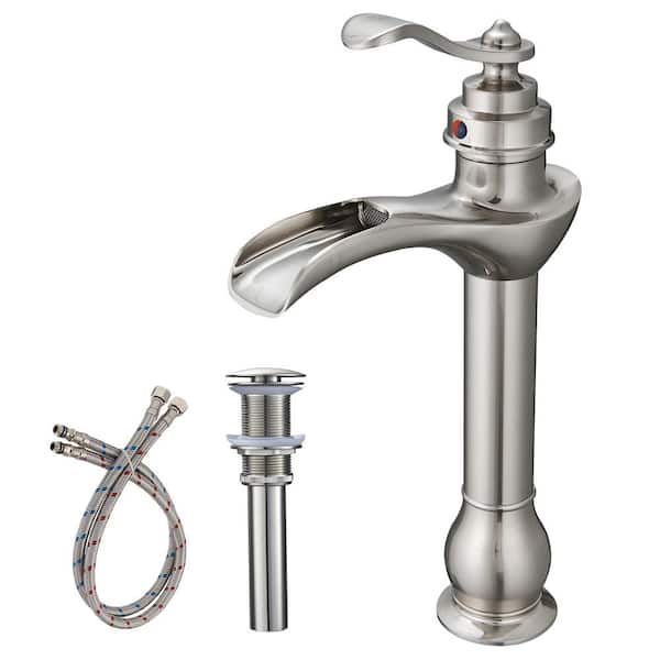 HOMEMYSTIQUE Single Handle Waterfall Vessel Sink Faucet with Drain Kit Included in Brushed Nickel