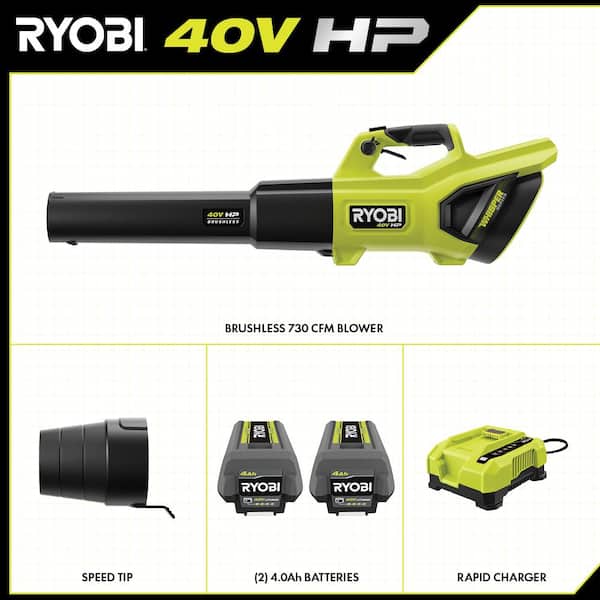 RYOBI - 40V HP Brushless Whisper Series 190 MPH 730 CFM Cordless Battery Jet Fan Leaf Blower with (2) 4.0 Ah Batteries & Charger