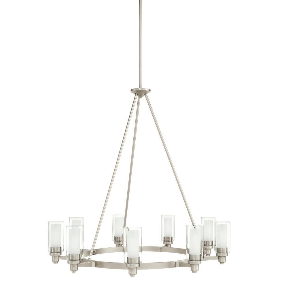 Elegant Brushed Nickel 9-Light Chandelier with Clear and Satin Etched Glass