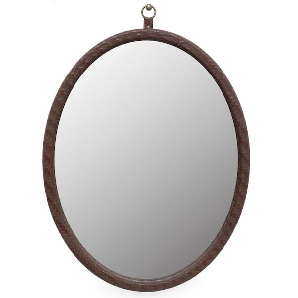 Unbranded 23.62 in. W x 29.92 in. H Modern Design Oval PU Covered MDF Framed Wall Bathroom Vanity Mirror in Brown Woven