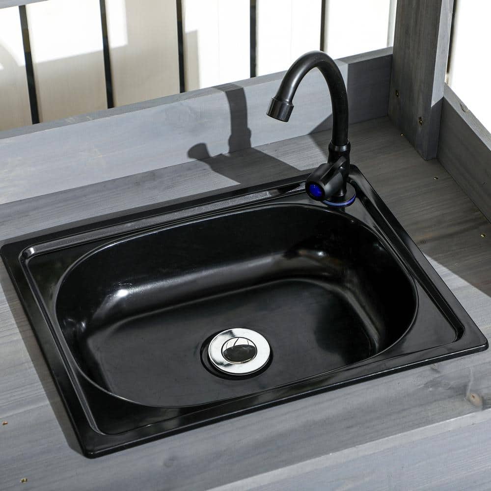 Gray Wooden Potting Bench Table with Sink and Shelves