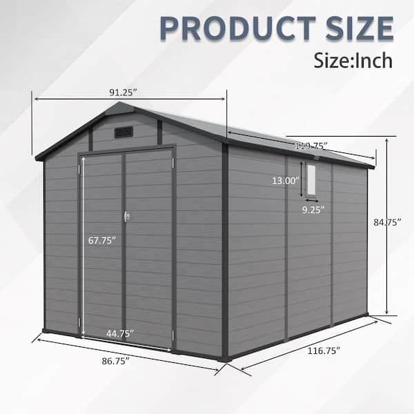 10 ft. W x 8 ft. D Plastic Shed Lockable Resin Tool Shed with