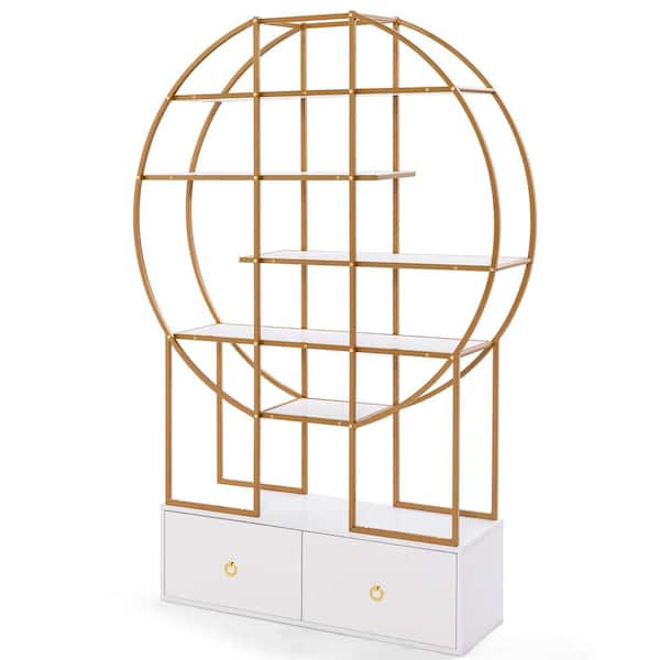 71 in. Tall Gold Metal Bookcase 6-Tier Bookshelf with 2 Storage Drawers Home Office