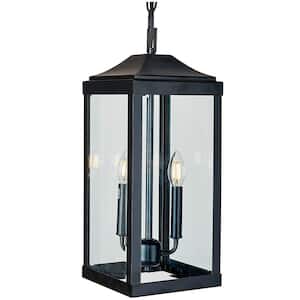 2-Light Matte Black Outdoor Pendant Light with Clear Glass Shade
