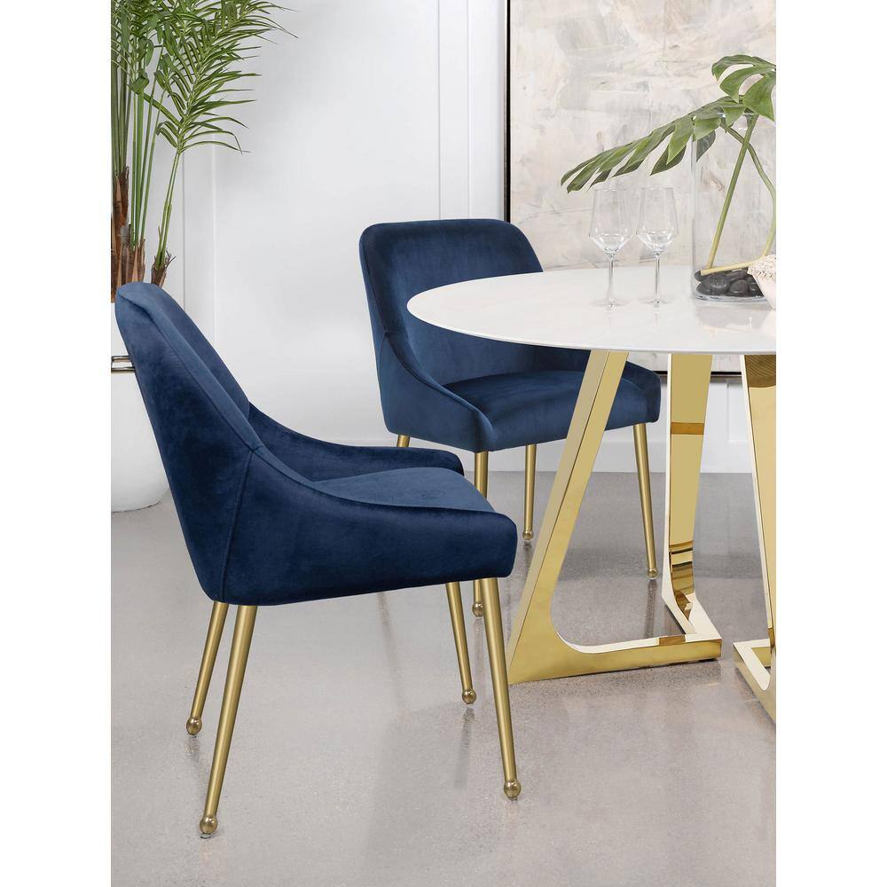Dark Ink Blue Velvet Upholstered Side Chair with Brass Legs