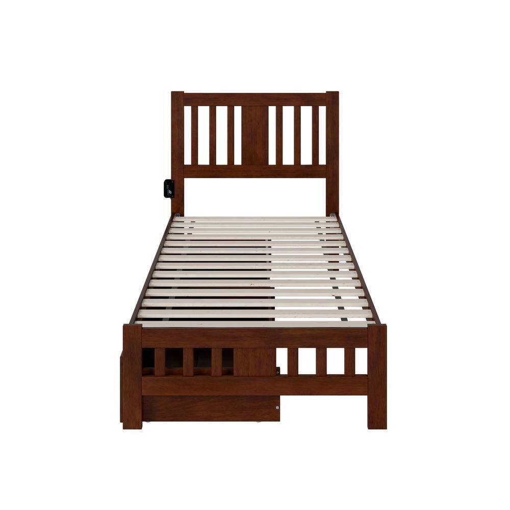 Walnut Wood Twin XL Bed with Headboard and 2 Drawers