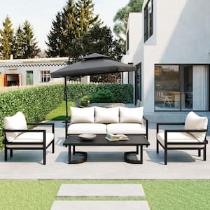 4-Piece Metal Patio Conversation Set Sectional Sofa Set with Beige Cushions for Gardens and Lawns