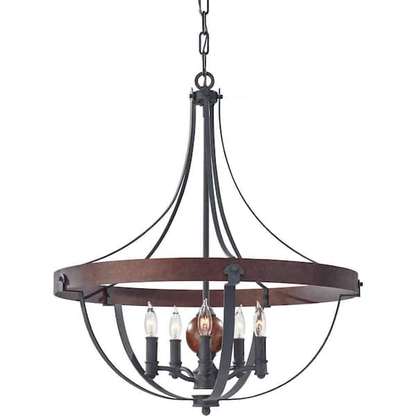 Generation Lighting Alston 24 in. W. 5-Light Weathered Charcoal Brick/Antique Forged Iron Rustic Chandelier with Faux Wood Detail