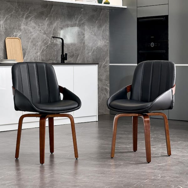 Black Faux Leather Upholstered Tufted Wood Swivel Dining Side Chairs (Set of 2)