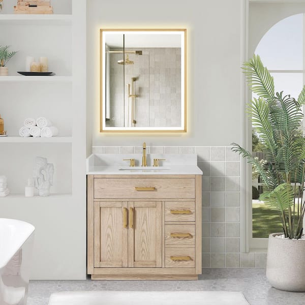 Gavino 36 in. Single Freestanding Natural Ash Bath Vanity with Grain White Engineered Stone Top Assembled