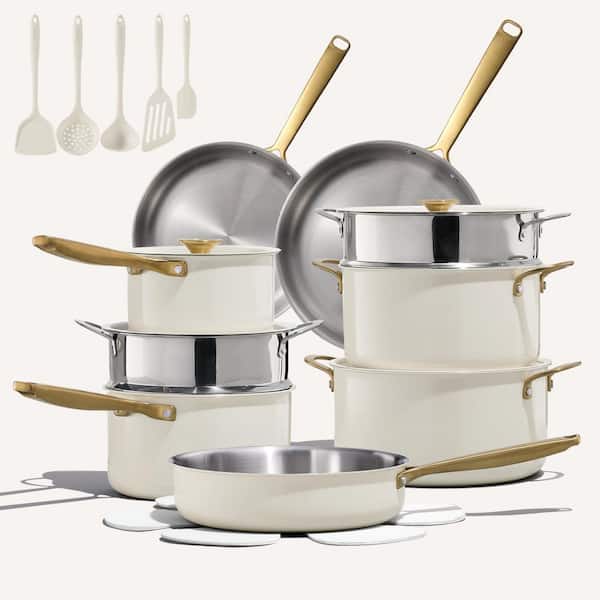 24-Piece Cream White Tri-Ply Stainless Steel Nonstick Cookware Set with Ceramic Layer Induction Compatible
