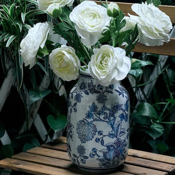 9.4 in. Ceramic Chinoiserie Floral Vase, Retro Ice Cracked Blue