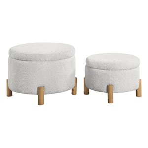 Bennett 2-Pieces Polyester Storage Ottoman Set in Sherpa Parchment Fabric and Natural Legs