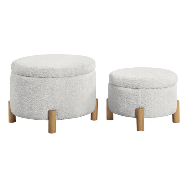 OSP Home Furnishings Bennett 2-Pieces Polyester Storage Ottoman Set in Sherpa Parchment Fabric and Natural Legs