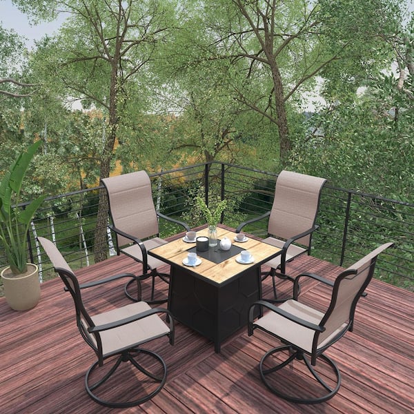 Unbranded Black 5-Piece Metal Outdoor Patio Fire Pit Seating Set 28 in. Square with Brown Textilene Swivel Chairs