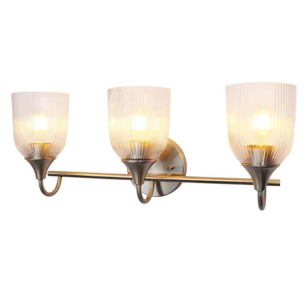 22 in. 3-Light Silver Vanity Light with Vertical Bar Textured White Glass Shade